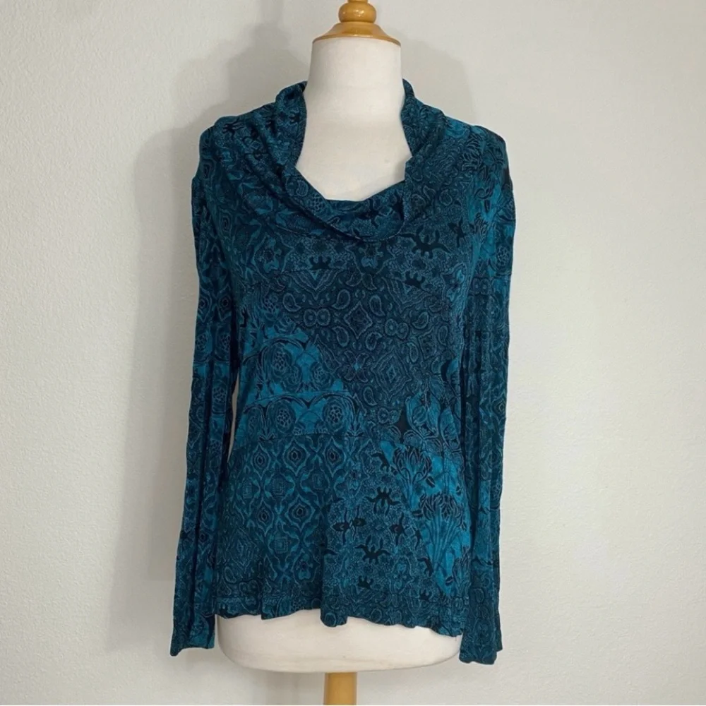 Coldwater Creek Jewel Teal Jacquard Textured Cowl Neck Stretch Top Size Medium